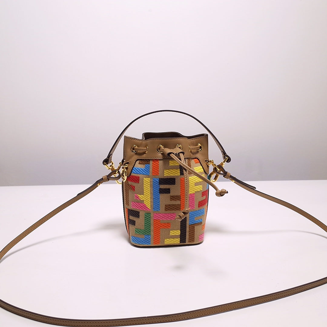 Monogram Multi-Color Canvas Mini Bucket Bag with Leather Trim
