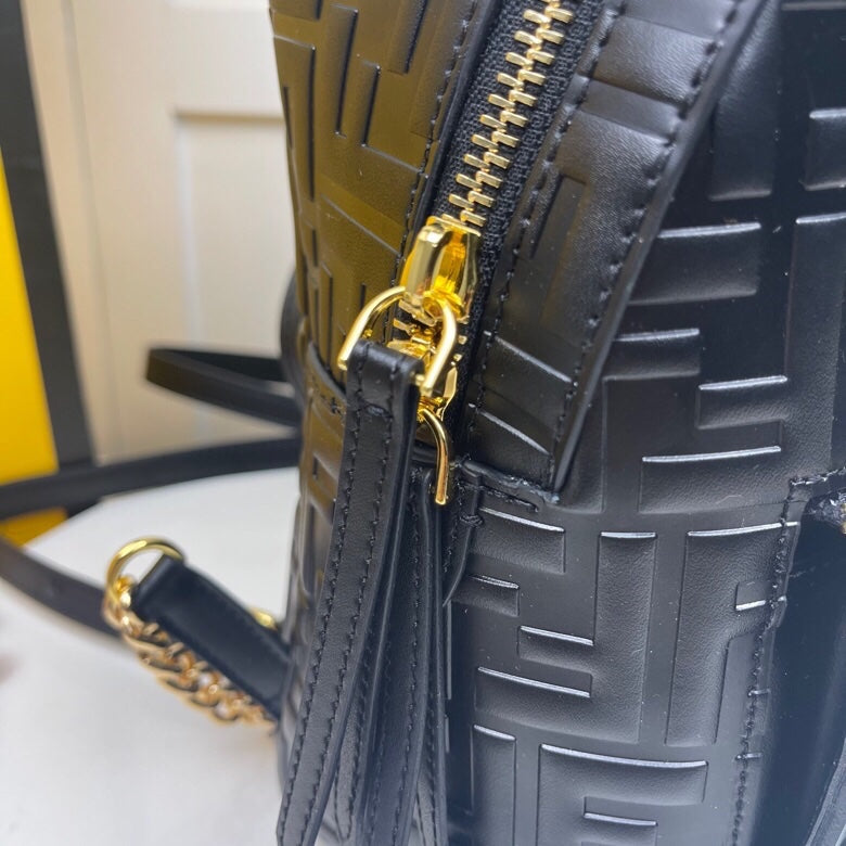 Fendi Black Embossed FF Logo Leather Mini Backpack with Gold-Tone Hardware