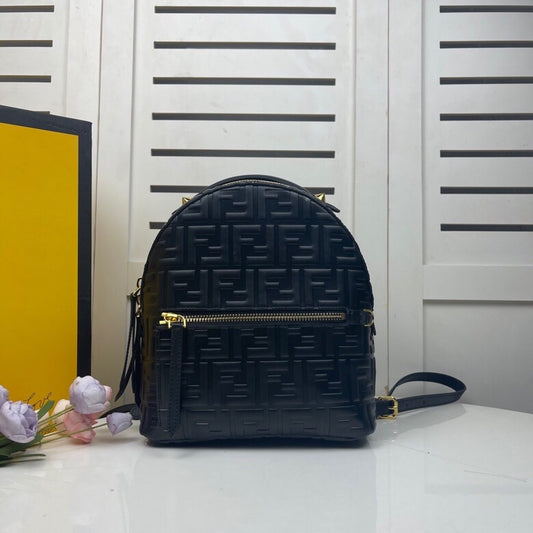 Fendi Black Embossed FF Logo Leather Mini Backpack with Gold-Tone Hardware