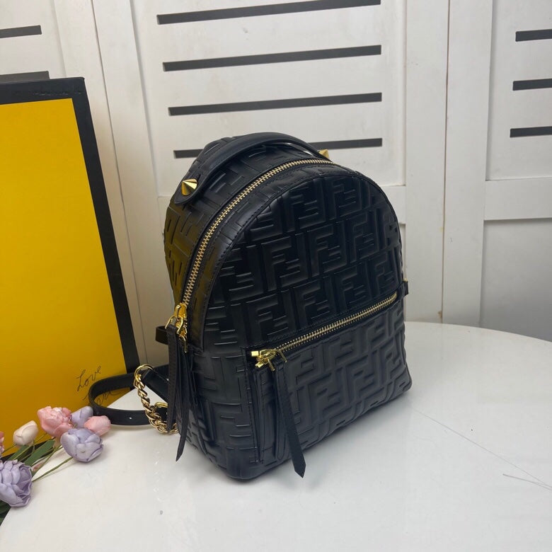 Fendi Black Embossed FF Logo Leather Mini Backpack with Gold-Tone Hardware