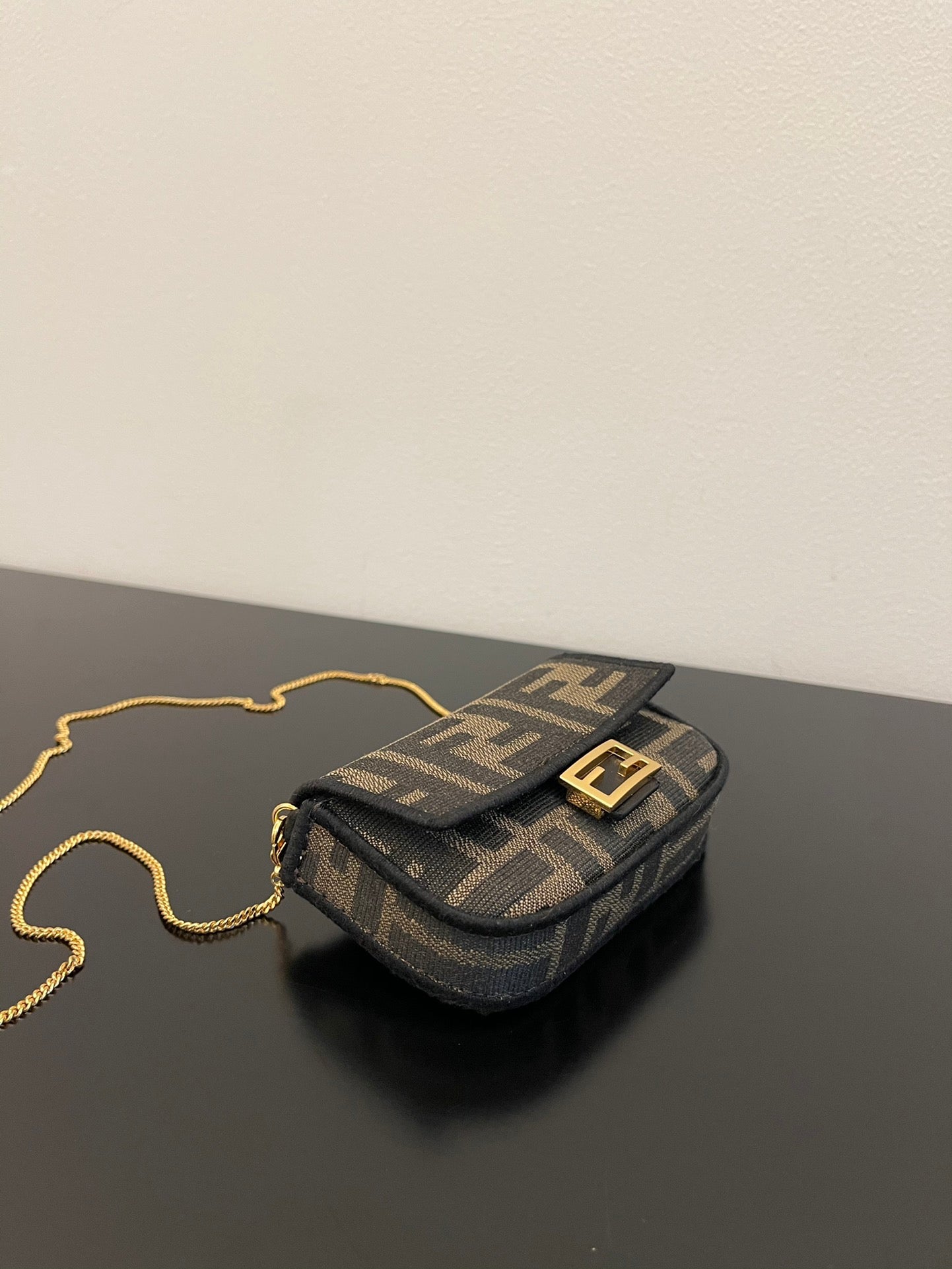 Fendi Nano Baguette Charm in Brown FF Fabric with Chain Strap