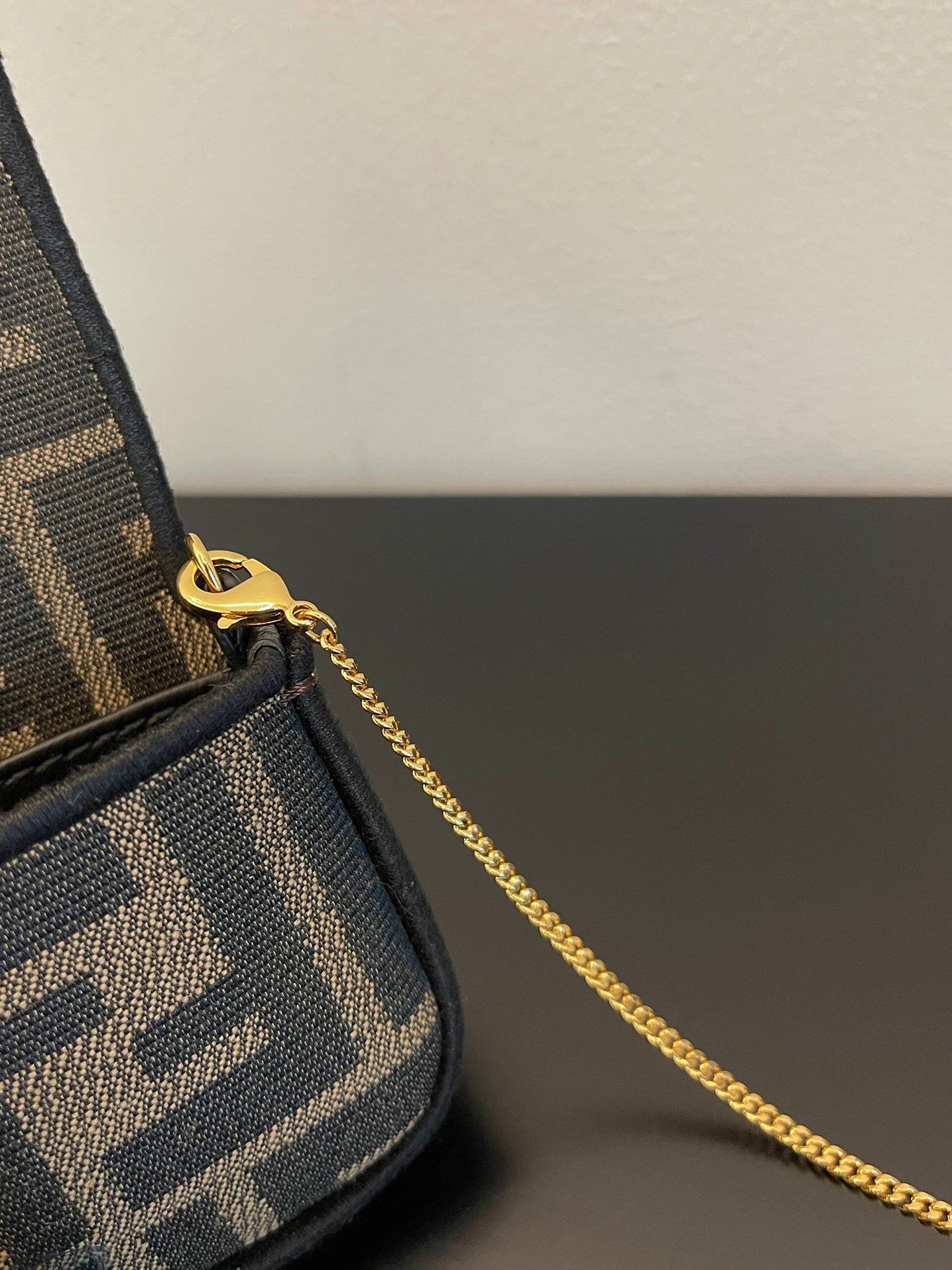 Fendi Nano Baguette Charm in Brown Zucca Canvas with Gold Chain