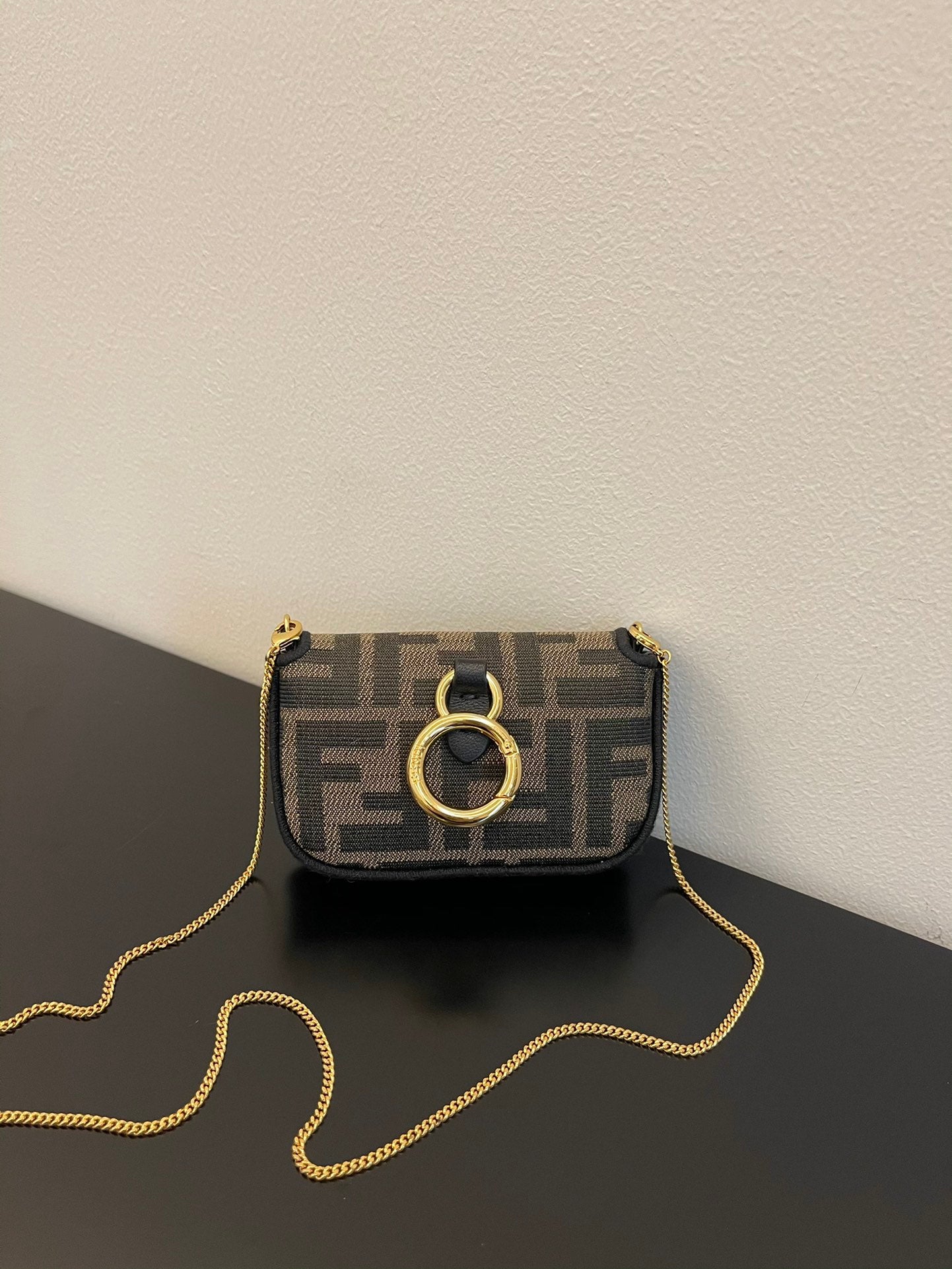Fendi Nano Baguette Charm in Brown FF Fabric with Chain Strap
