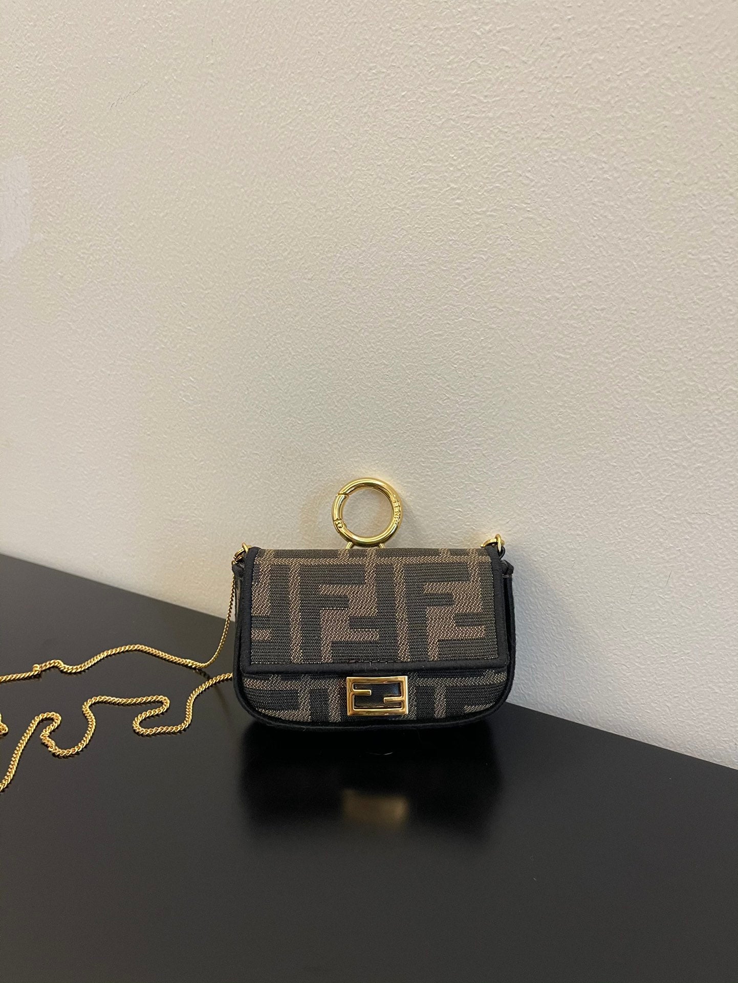 Fendi Nano Baguette Charm in Brown FF Fabric with Chain Strap
