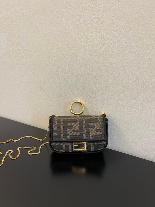 Fendi Nano Baguette Charm in Brown FF Fabric with Chain Strap