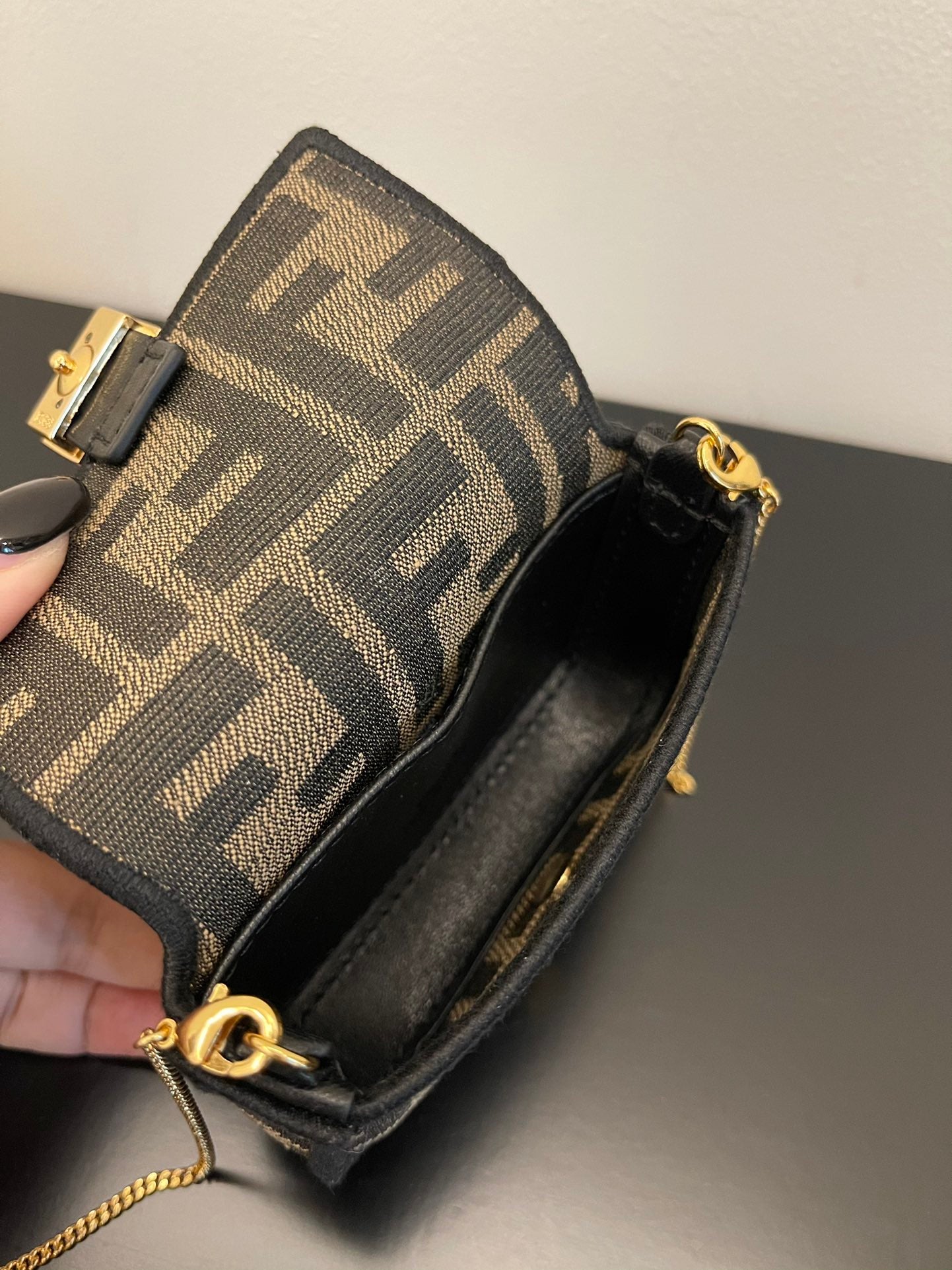 Fendi Nano Baguette Charm in Brown FF Fabric with Chain Strap