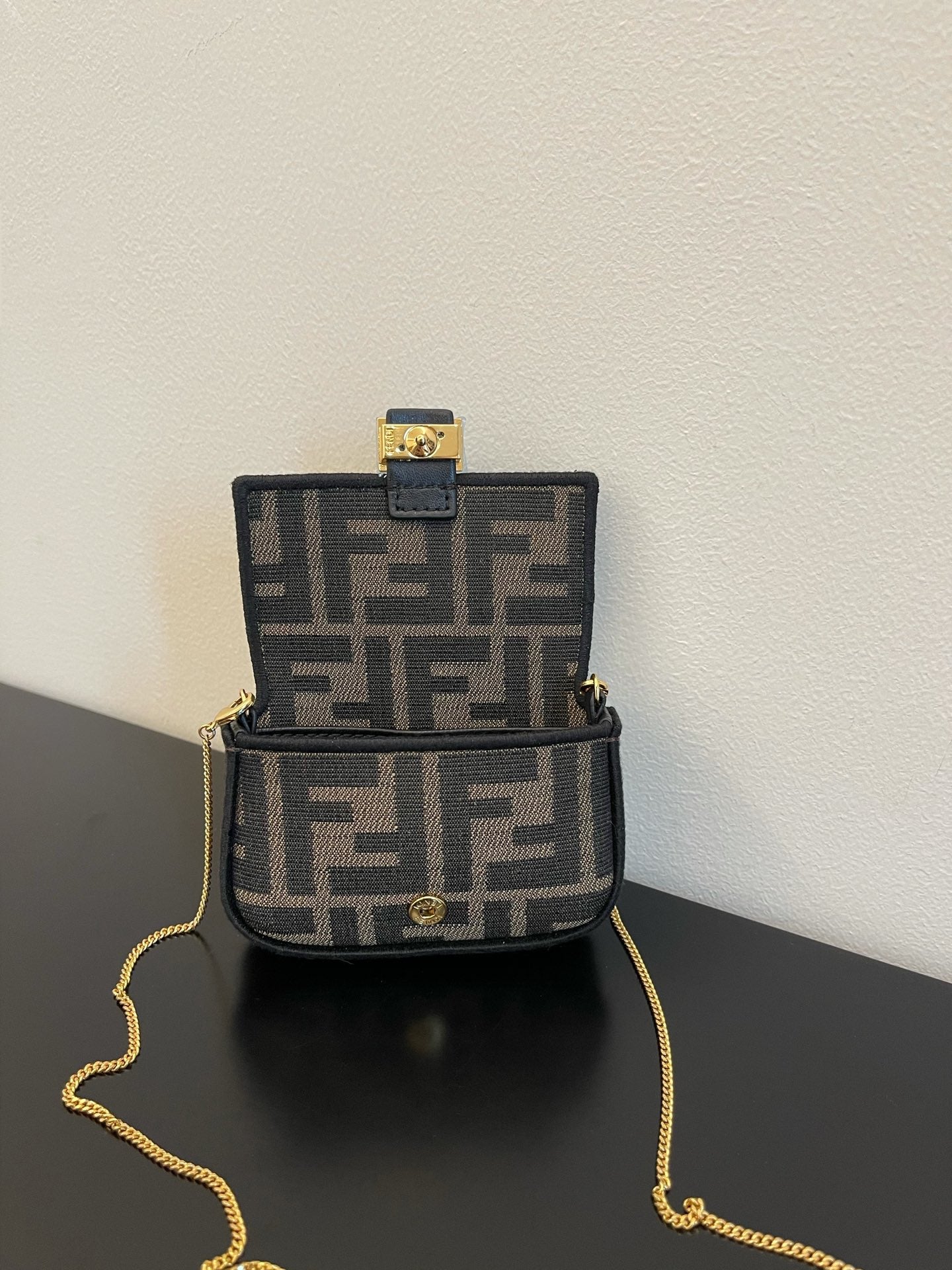 Fendi Nano Baguette Charm in Brown FF Fabric with Chain Strap