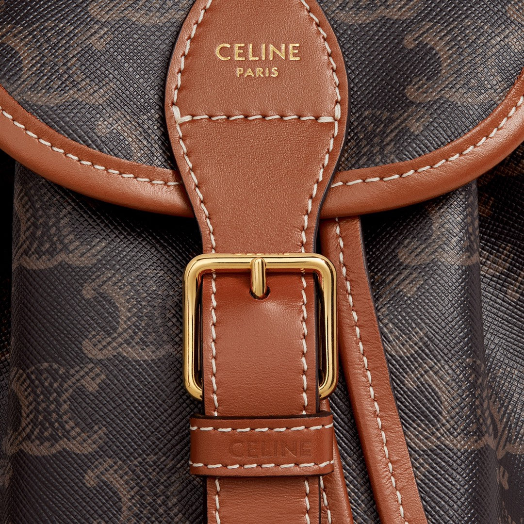 Celine Mini Backpack Folco in Triomphe Canvas and Calfskin - Tan/Brown