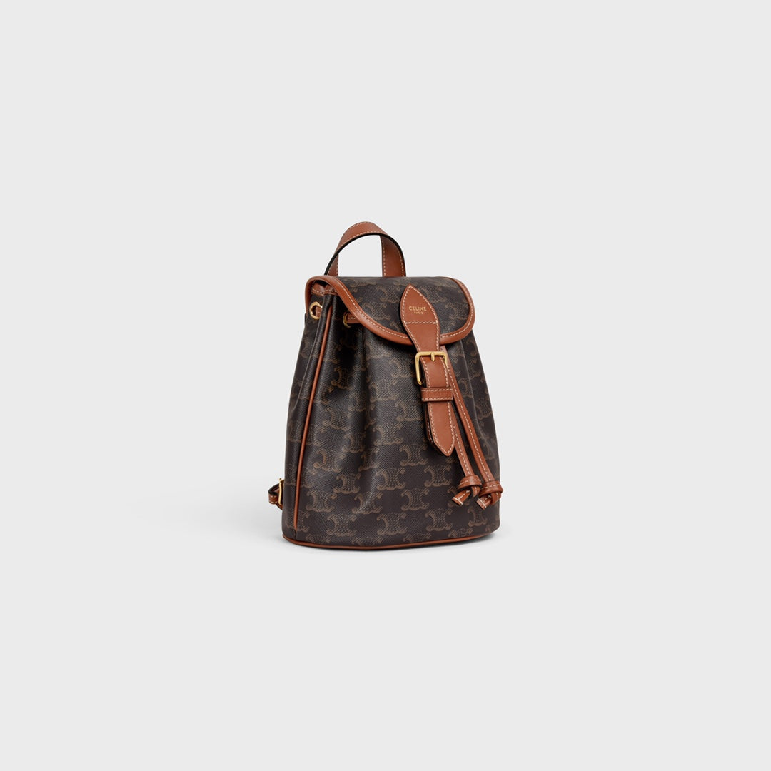 Celine Mini Backpack Folco in Triomphe Canvas and Calfskin - Tan/Brown