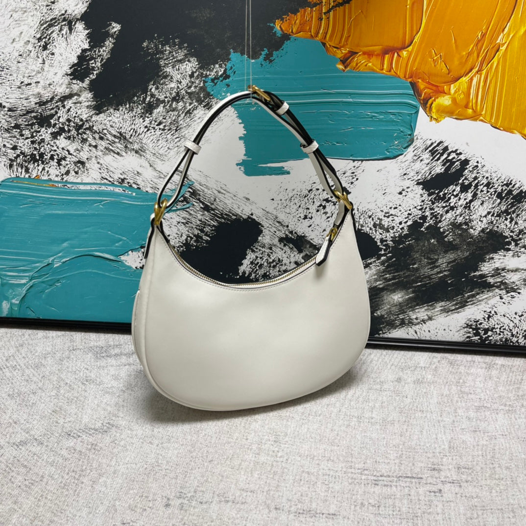 Elegant White Leather Crescent Hobo Shoulder Bag for Women
