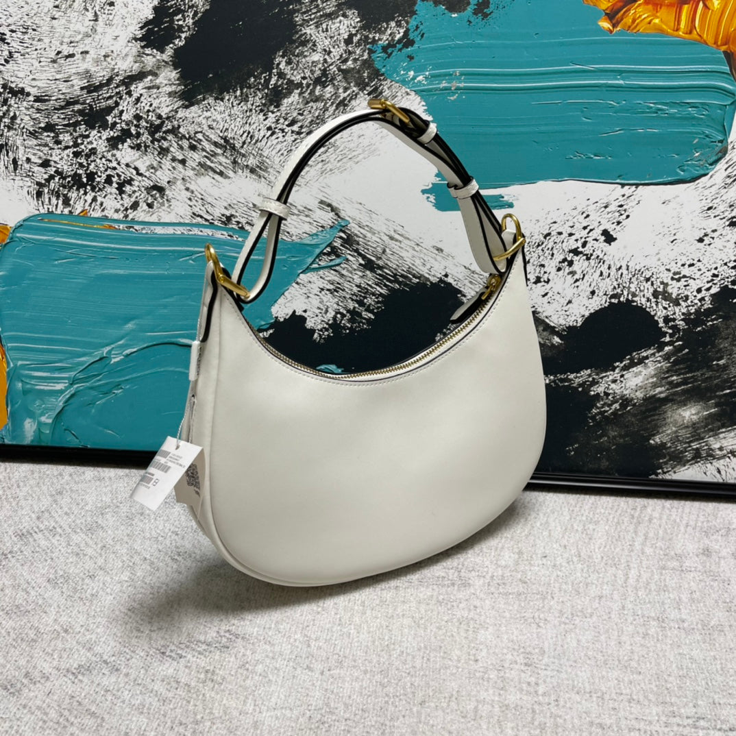 Elegant White Leather Crescent Hobo Shoulder Bag for Women