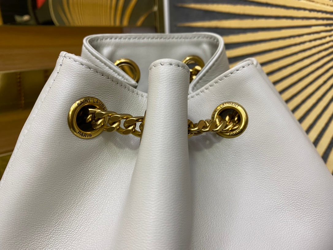 Saint Laurent Joe Quilted Leather Bucket Bag in White with Gold-Tone Hardware