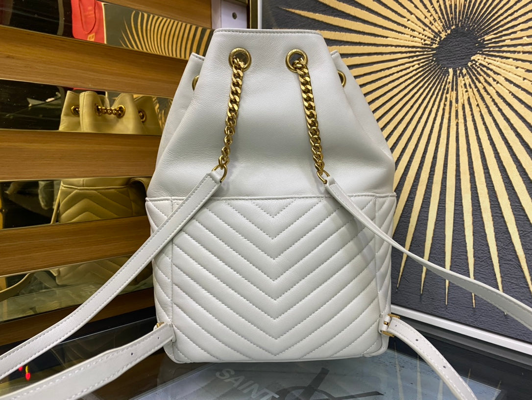 Saint Laurent Joe Quilted Leather Bucket Bag in White with Gold-Tone Hardware