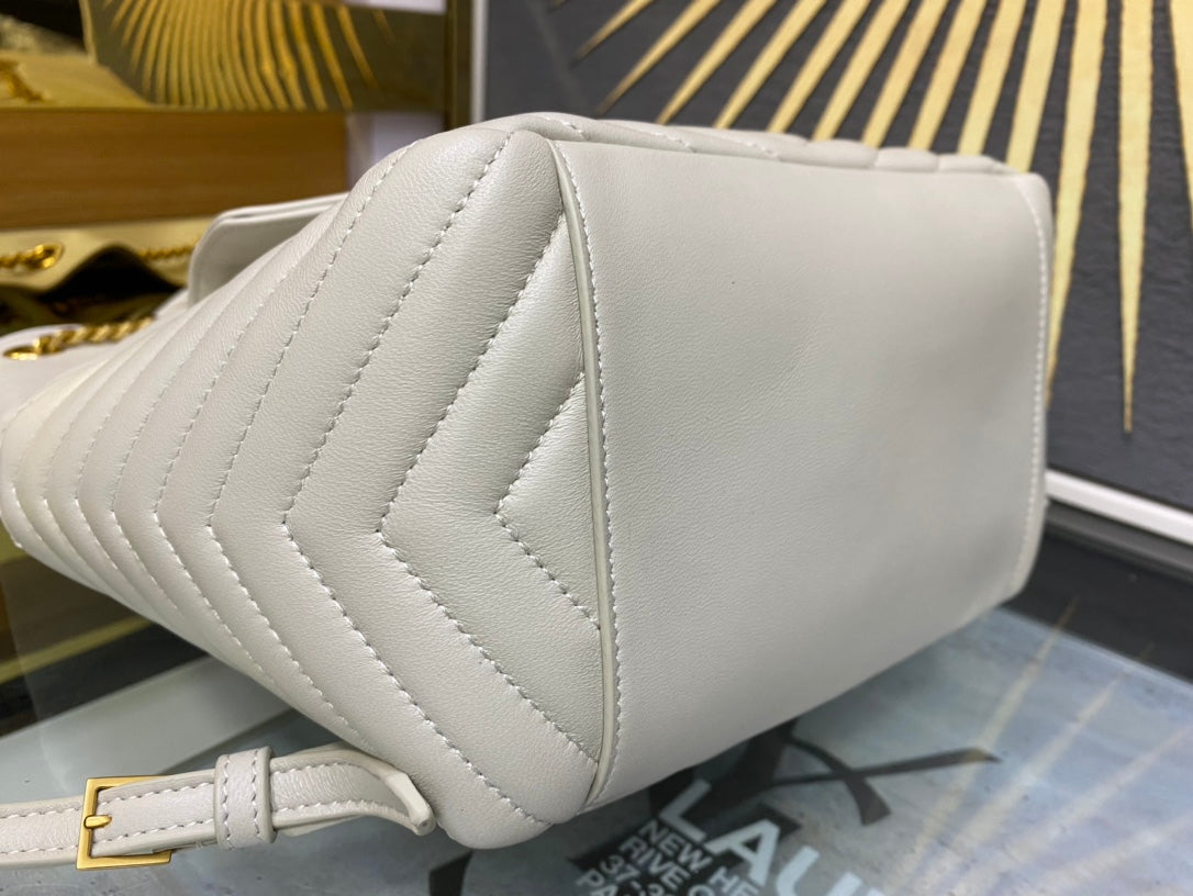 Saint Laurent Joe Quilted Leather Bucket Bag in White with Gold-Tone Hardware