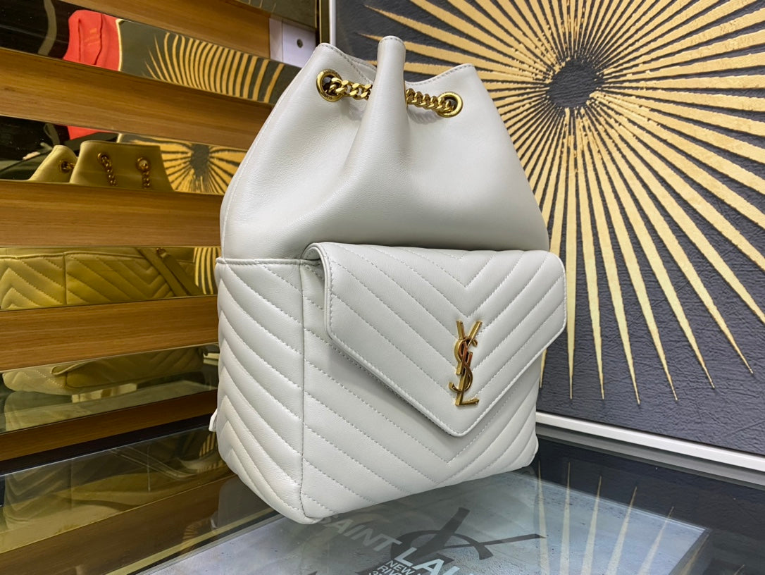 Saint Laurent Joe Quilted Leather Bucket Bag in White with Gold-Tone Hardware
