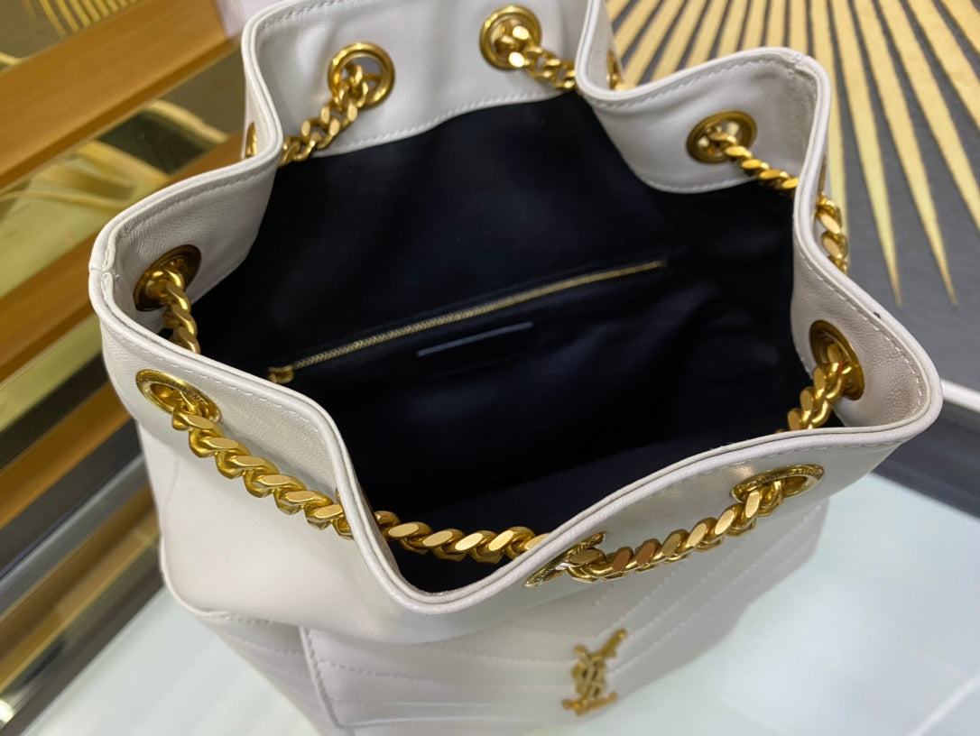 Saint Laurent Joe Quilted Leather Bucket Bag in White with Gold-Tone Hardware