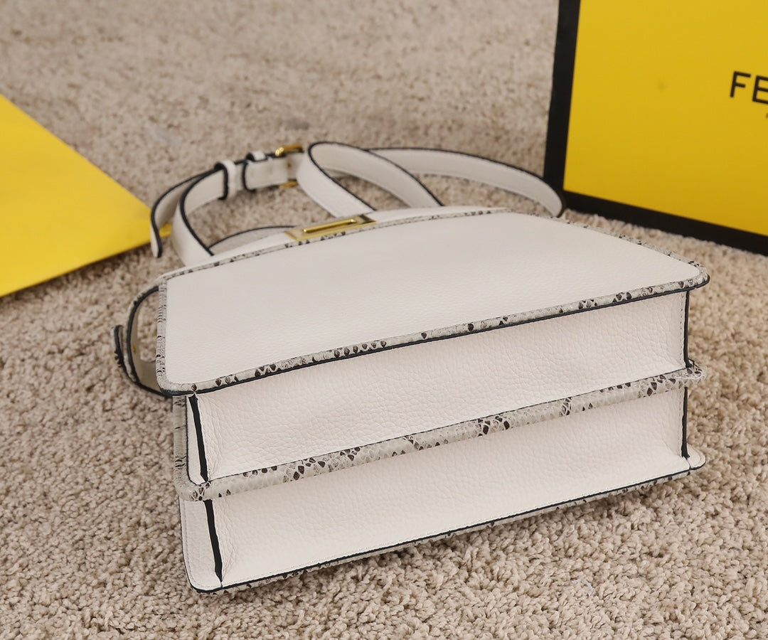 Fendi Peekaboo White Leather Medium Top Handle Bag with Shoulder Strap