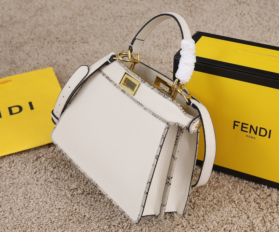 Fendi Peekaboo Small White Leather Handbag with Gold-Tone Hardware