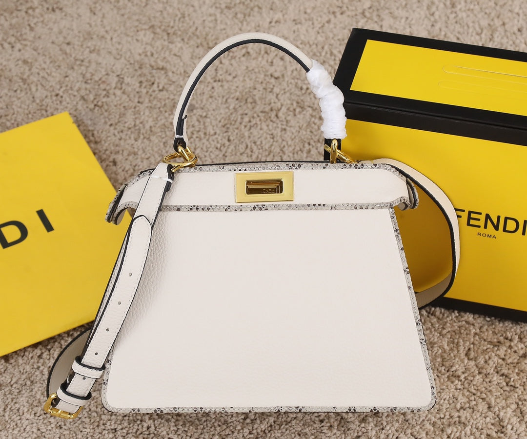 Fendi Peekaboo White Leather Medium Top Handle Bag with Shoulder Strap