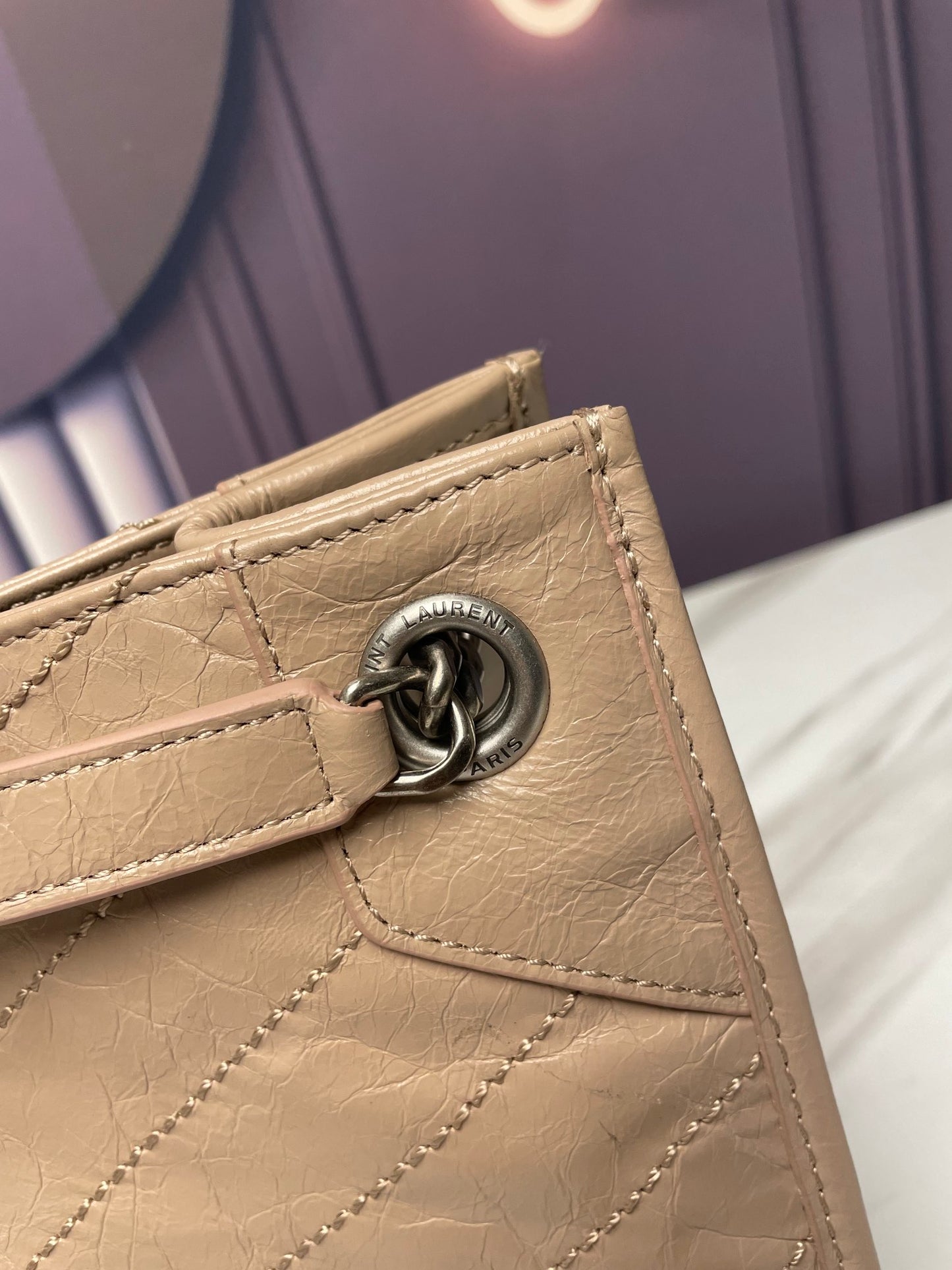 Saint Laurent Niki Medium Shoulder Bag in Crinkled Vintage Leather - Beige