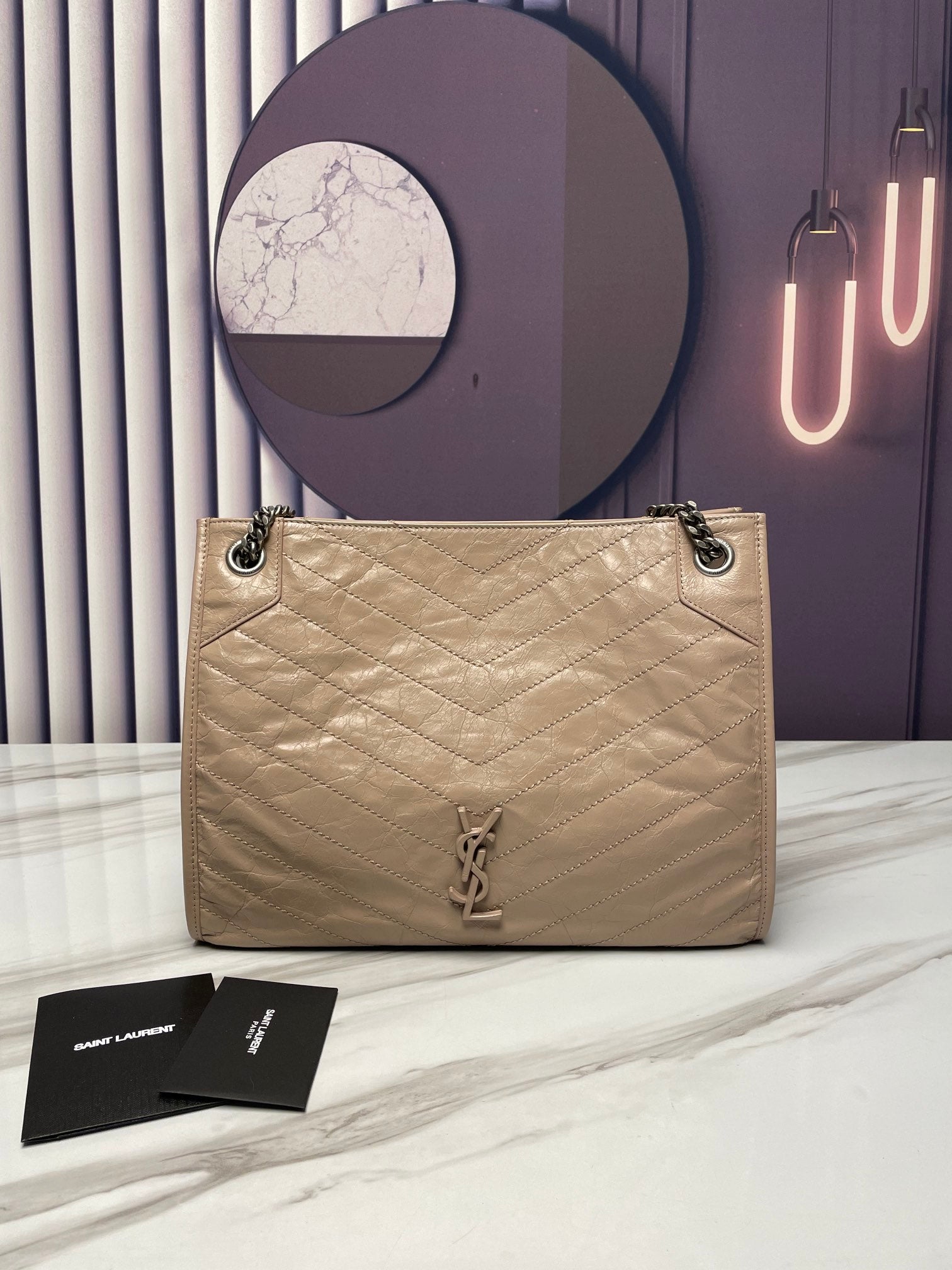 Saint Laurent Niki Medium Shoulder Bag in Crinkled Vintage Leather - Beige