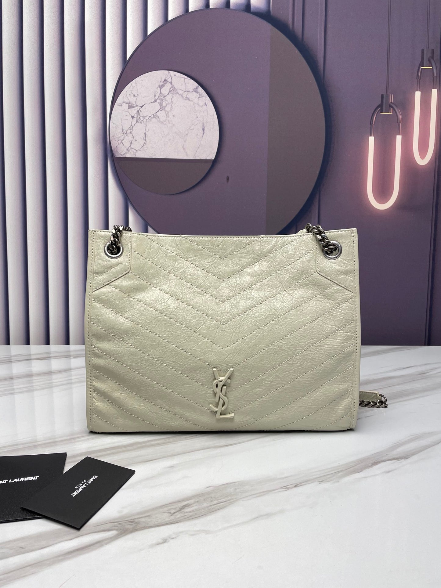 Saint Laurent Niki Medium Shoulder Bag in Vintage White Quilted Leather