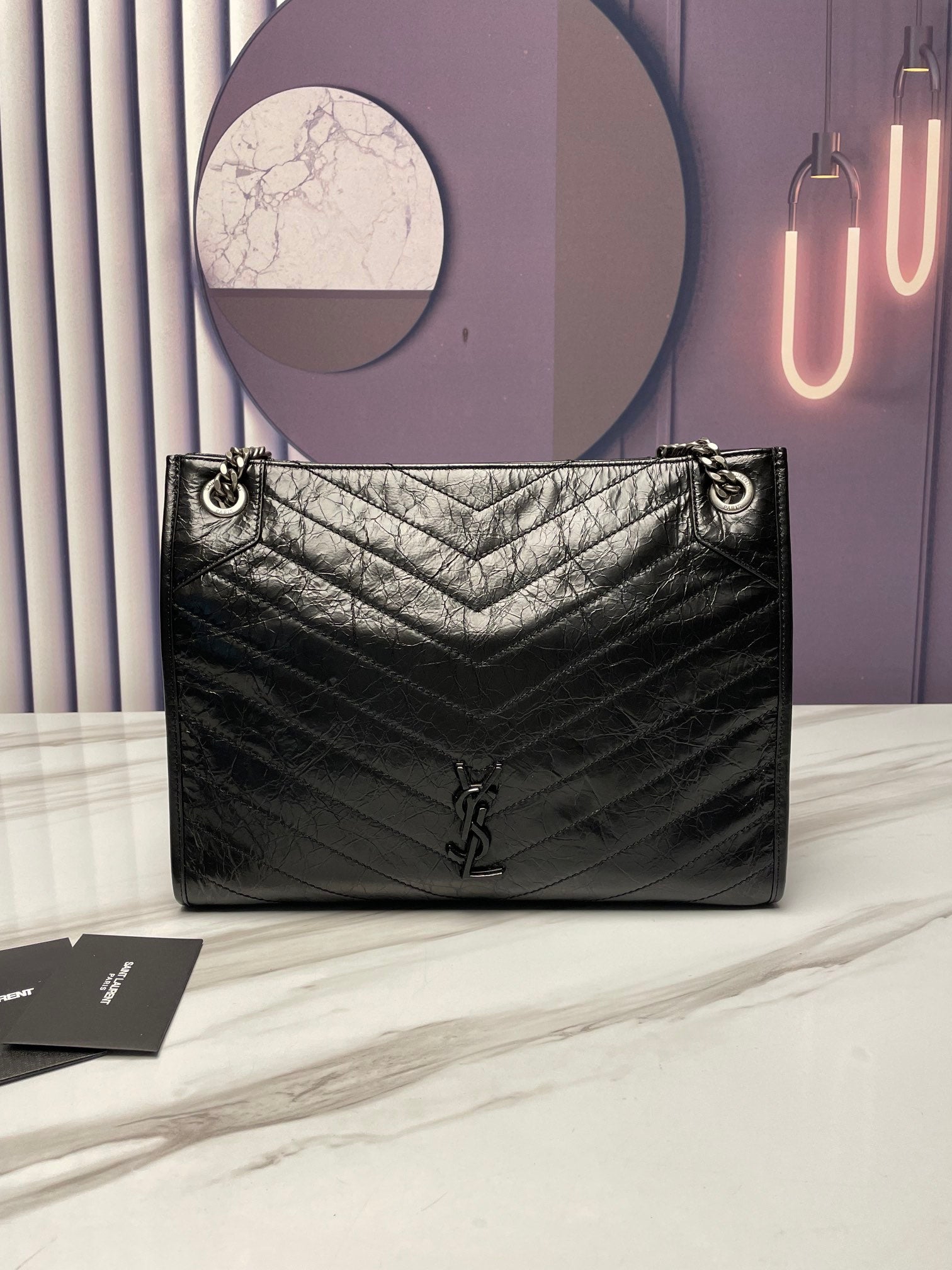 Saint Laurent Large Loulou Shopping Bag - Black Quilted Crinkled Leather