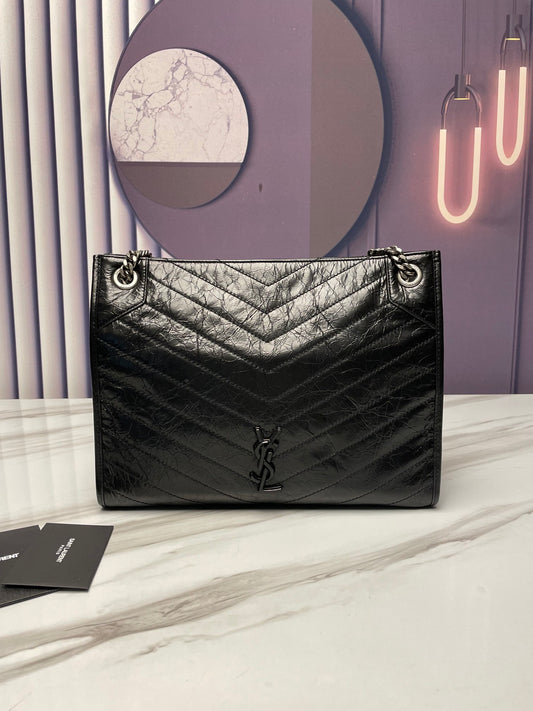 Saint Laurent Large Loulou Shopping Bag - Black Quilted Crinkled Leather
