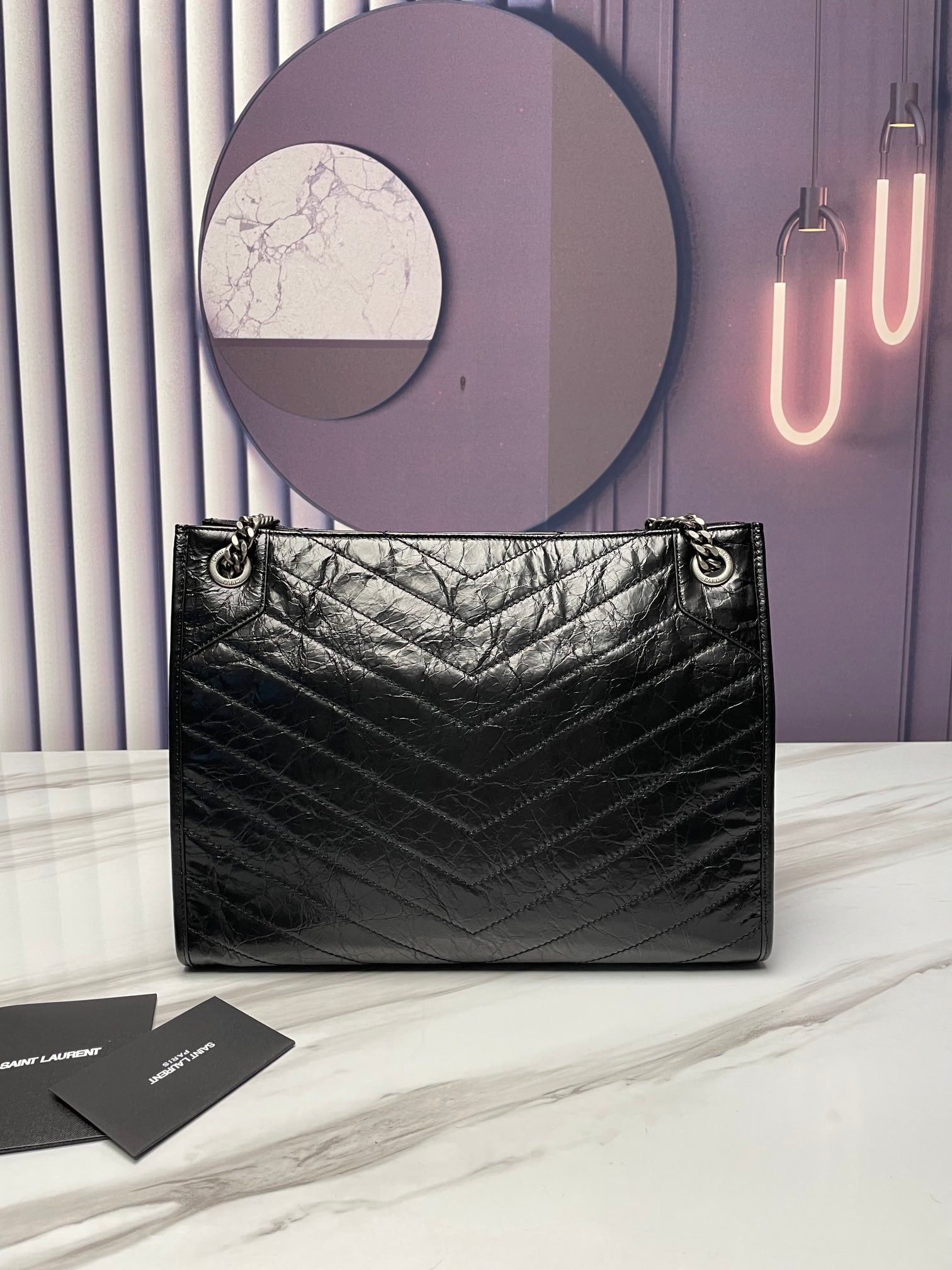 Saint Laurent Large Loulou Shopping Bag - Black Quilted Crinkled Leather