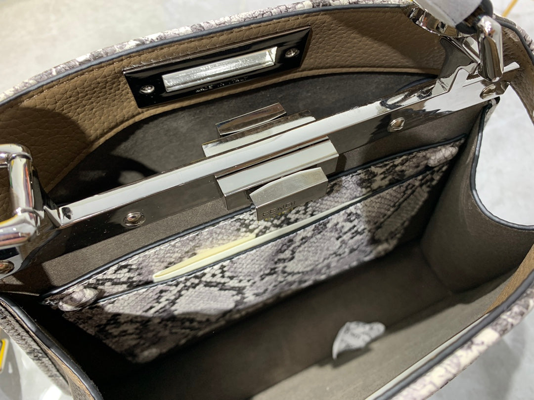 Fendi Peekaboo Iconic Medium Taupe Leather Bag with Snakeskin Trim