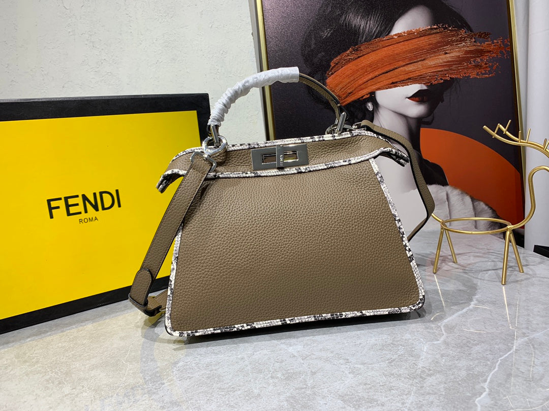Fendi Peekaboo Iconic Medium Taupe Leather Bag with Snakeskin Trim