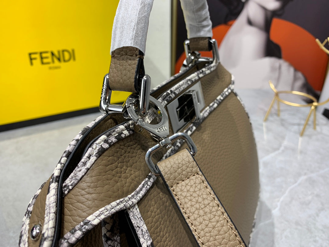 Fendi Peekaboo Iconic Medium Taupe Leather Bag with Snakeskin Trim