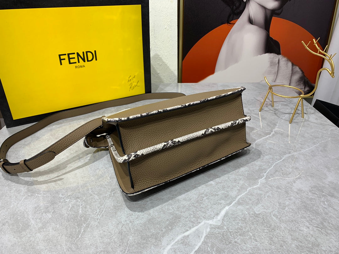 Fendi Peekaboo Iconic Medium Taupe Leather Bag with Snakeskin Trim