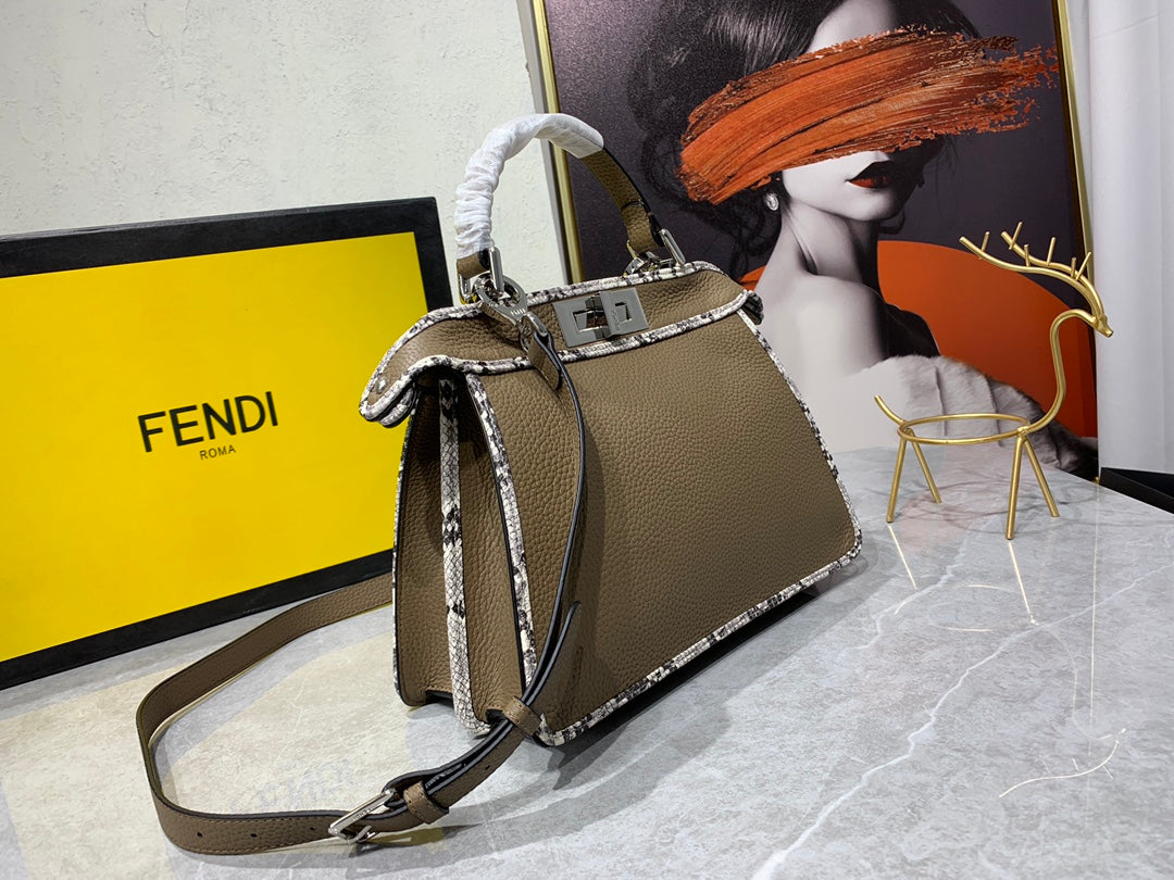 Fendi Peekaboo Iconic Medium Taupe Leather Bag with Snakeskin Trim