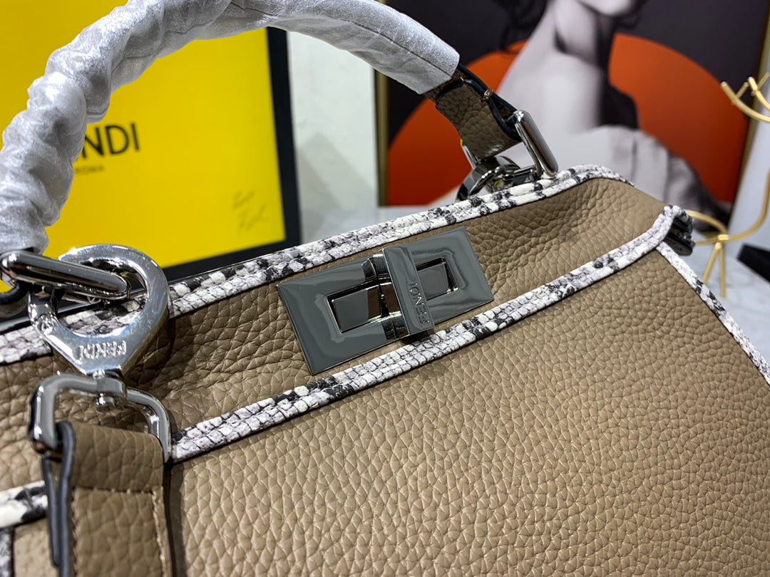 Fendi Peekaboo Iconic Medium Taupe Leather Bag with Snakeskin Trim