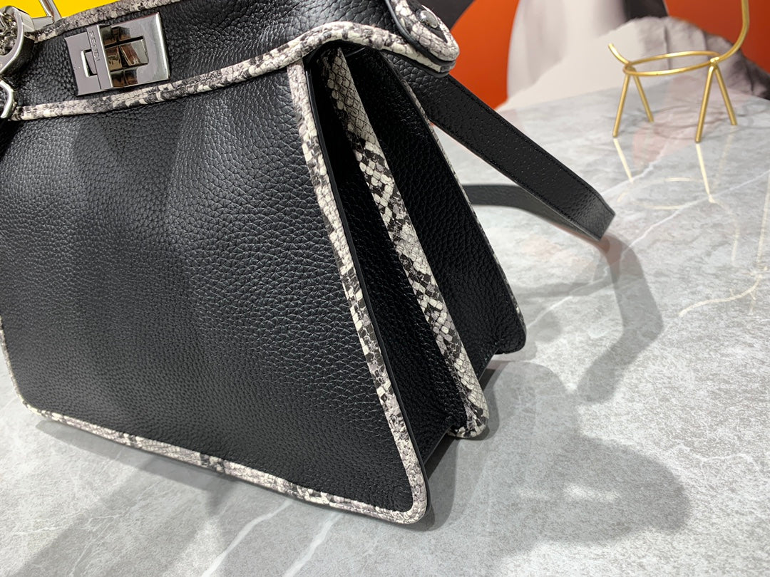 Fendi Peekaboo Iconic Small Black Leather Handbag with FF Motif Trim