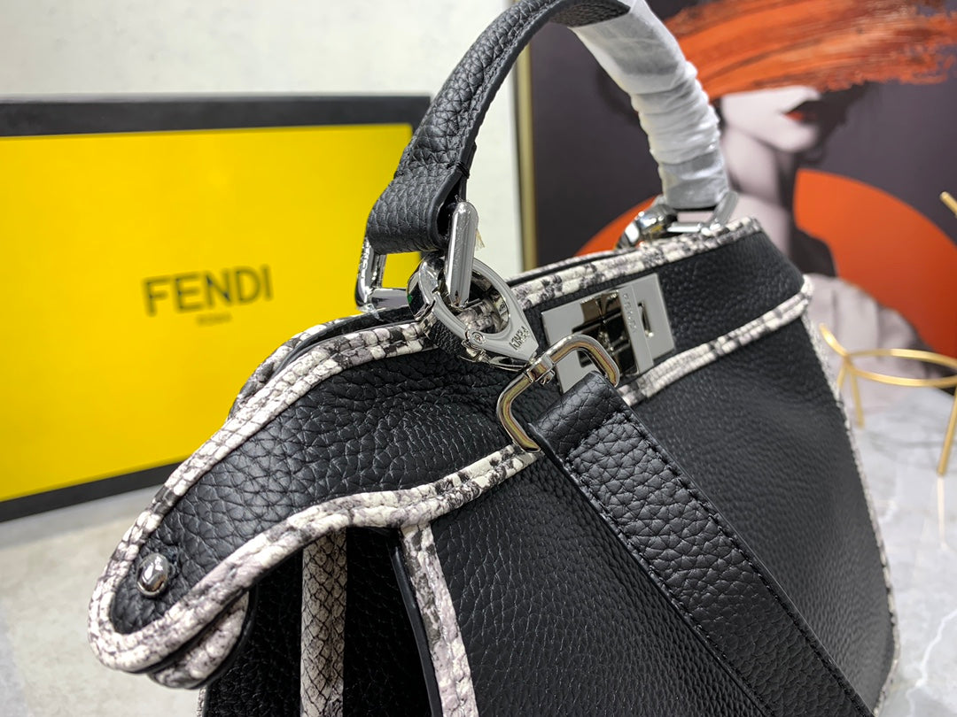 Fendi Peekaboo Iconic Small Black Leather Handbag with FF Motif Trim