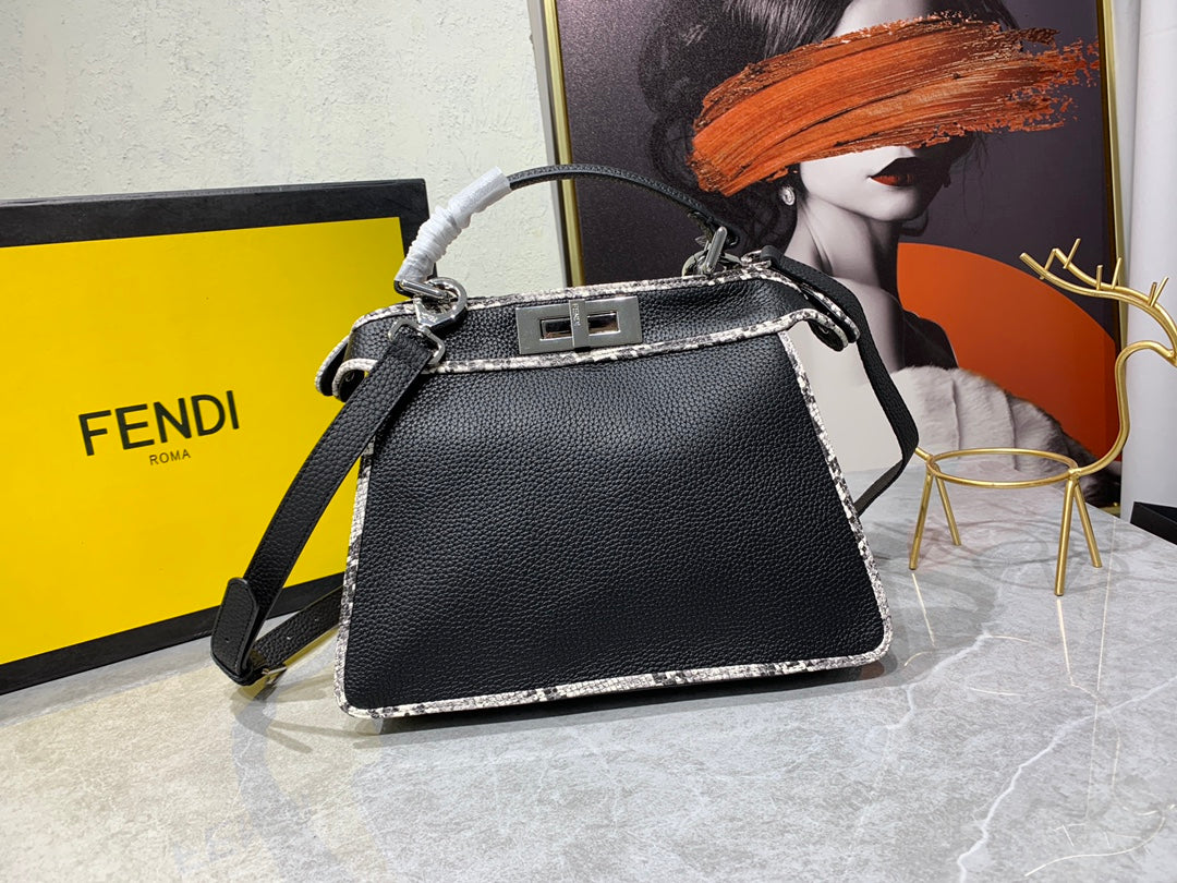Fendi Peekaboo Black Leather Handbag with Snakeskin Trim