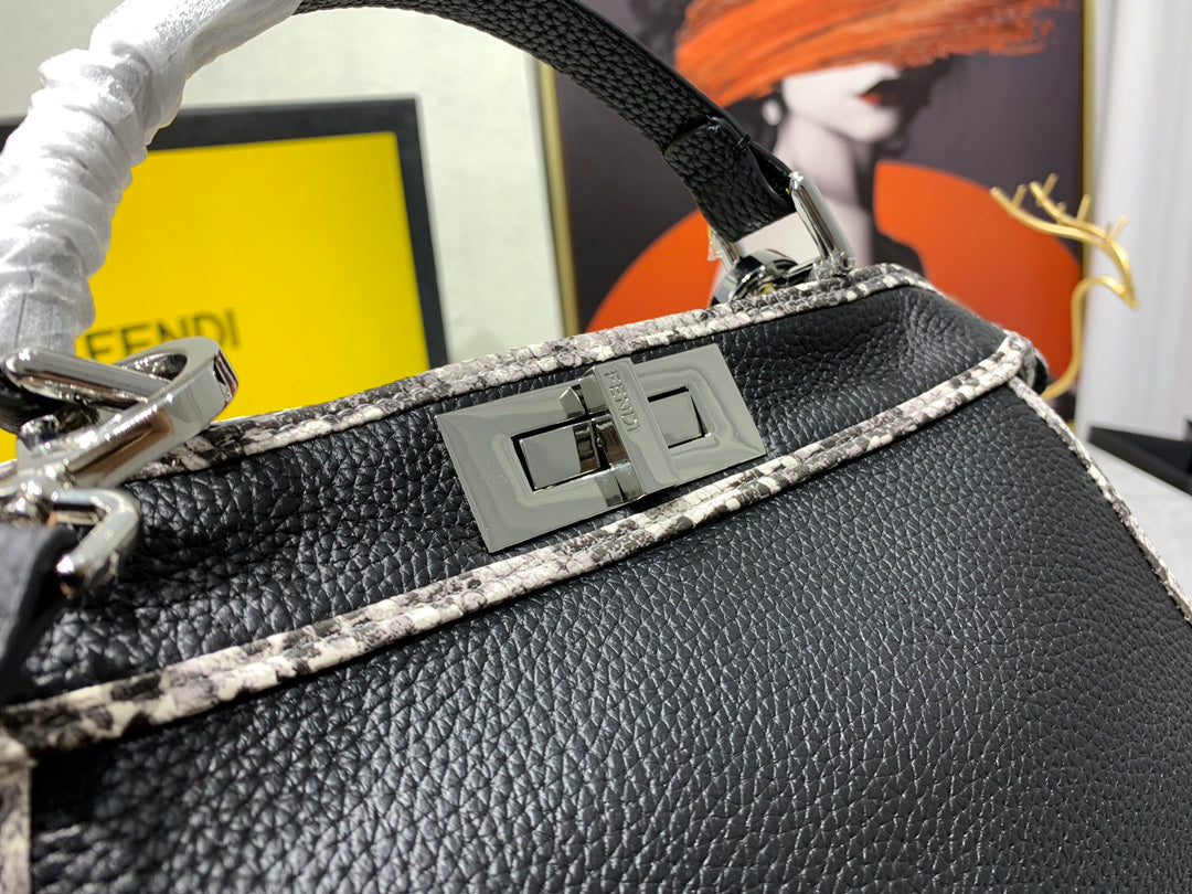 Fendi Peekaboo Black Leather Handbag with Snakeskin Trim