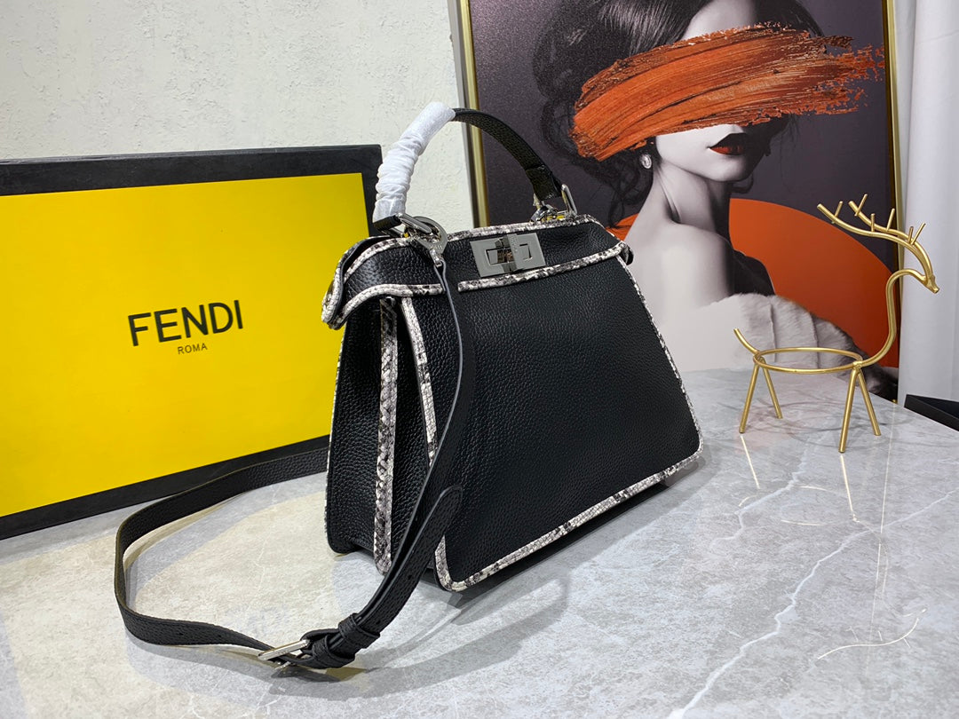 Fendi Peekaboo Iconic Small Black Leather Handbag with FF Motif Trim