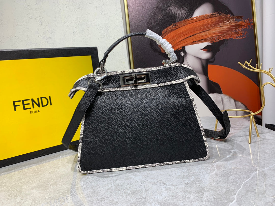 Fendi Peekaboo Iconic Small Black Leather Handbag with FF Motif Trim