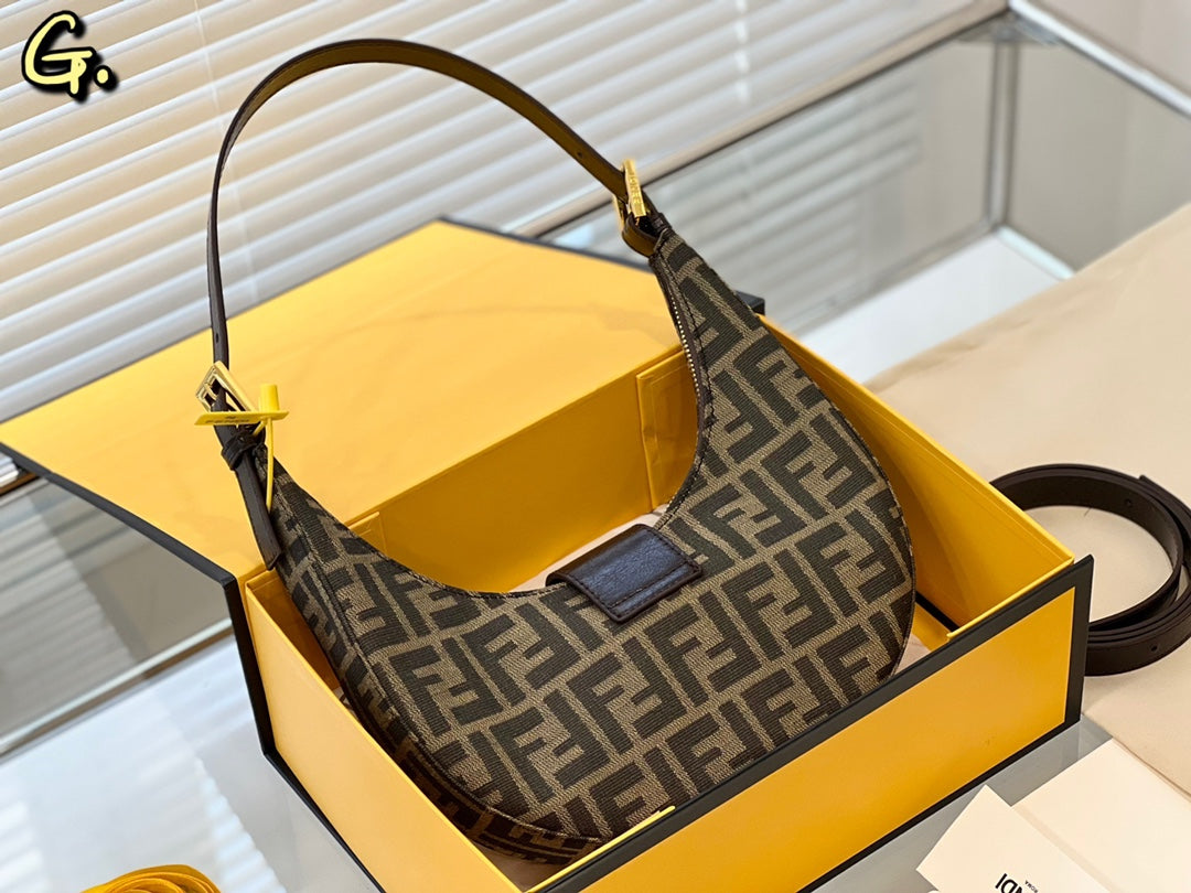 Fendi FF Monogram Canvas Crescent Shoulder Bag with Gold Buckle - Brown