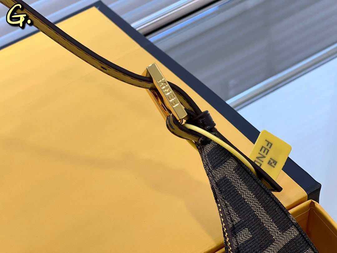 Fendi FF Monogram Canvas Crescent Shoulder Bag with Gold Buckle - Brown