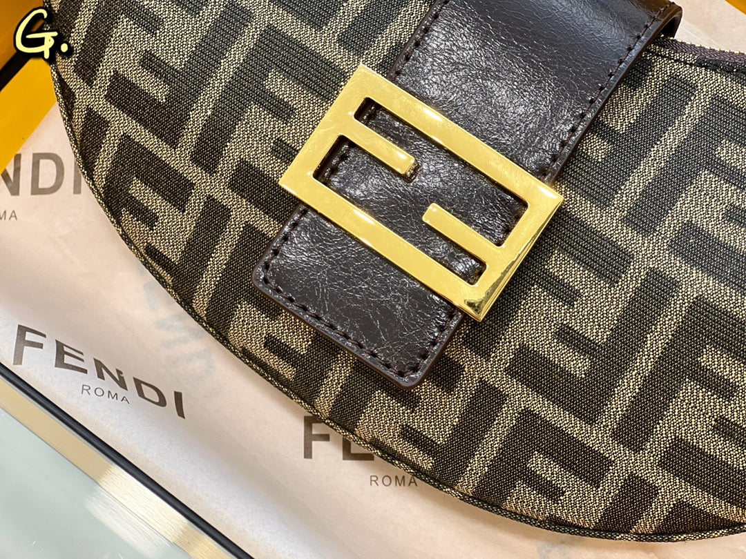 Fendi FF Monogram Canvas Crescent Shoulder Bag with Gold Buckle - Brown
