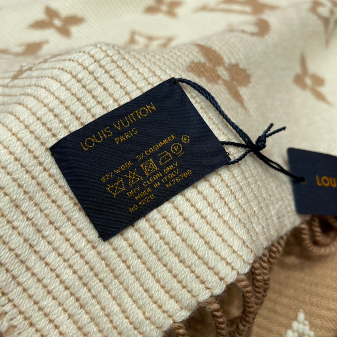 Louis Vuitton Monogram Scarf - Beige and White Luxury Winter Shawl with Fringes