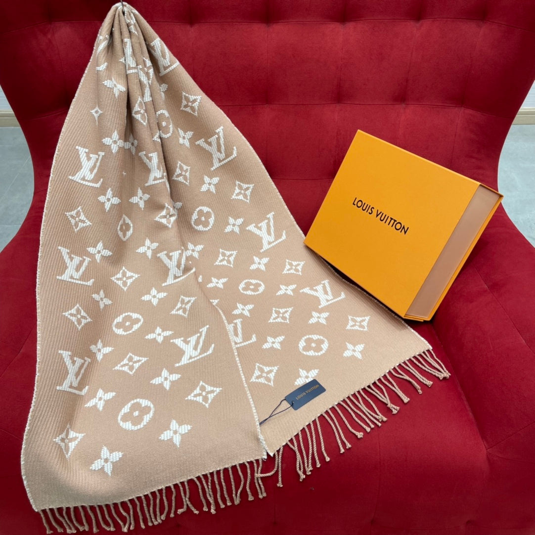 Louis Vuitton Monogram Scarf - Beige and White Luxury Winter Shawl with Fringes