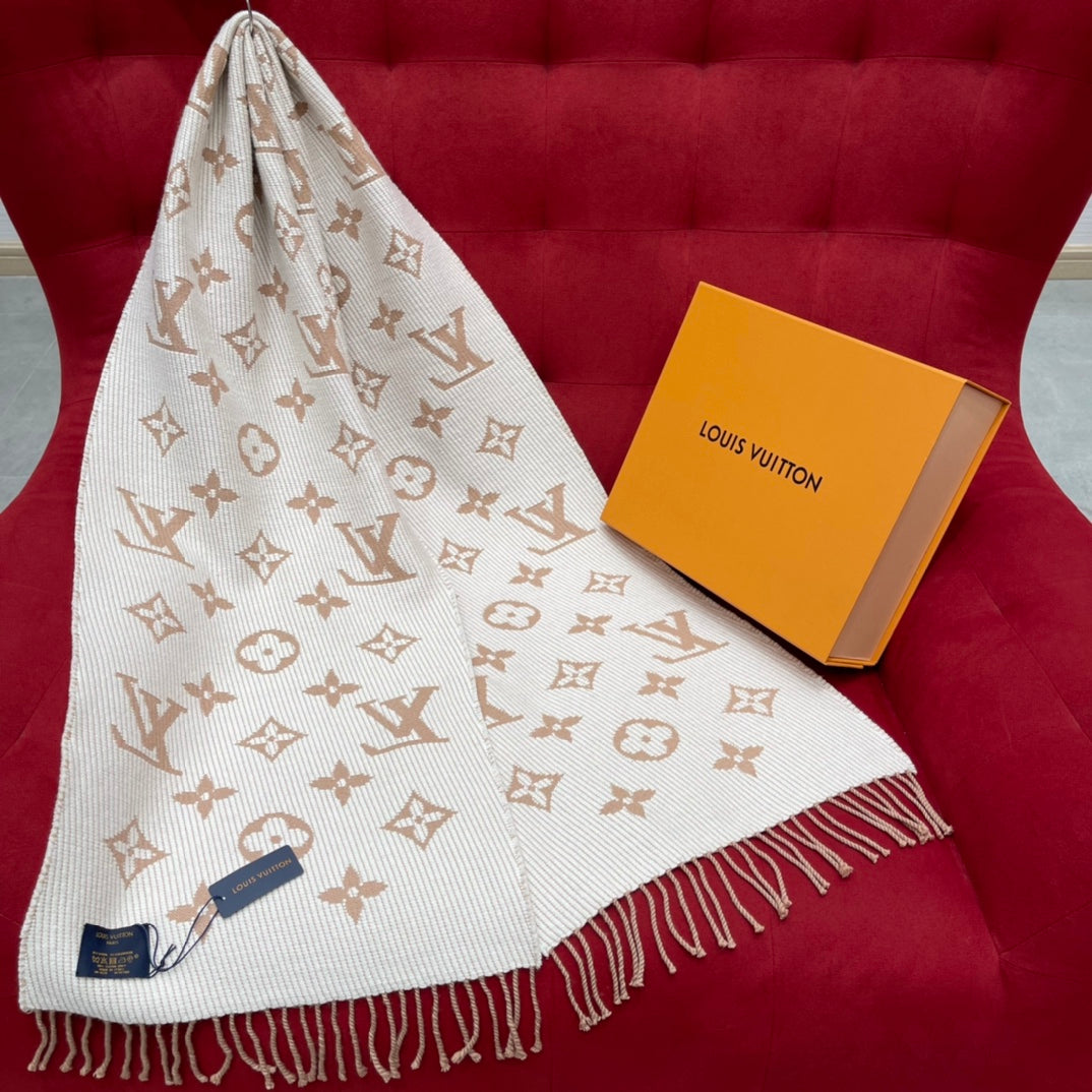 Louis Vuitton Monogram Scarf - Beige and White Luxury Winter Shawl with Fringes