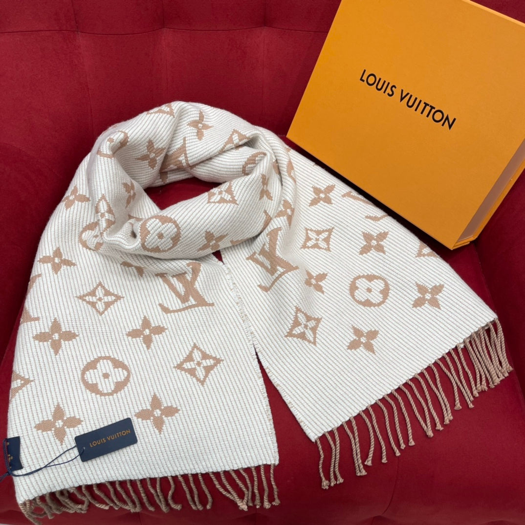 Louis Vuitton Monogram Scarf - Beige and White Luxury Winter Shawl with Fringes
