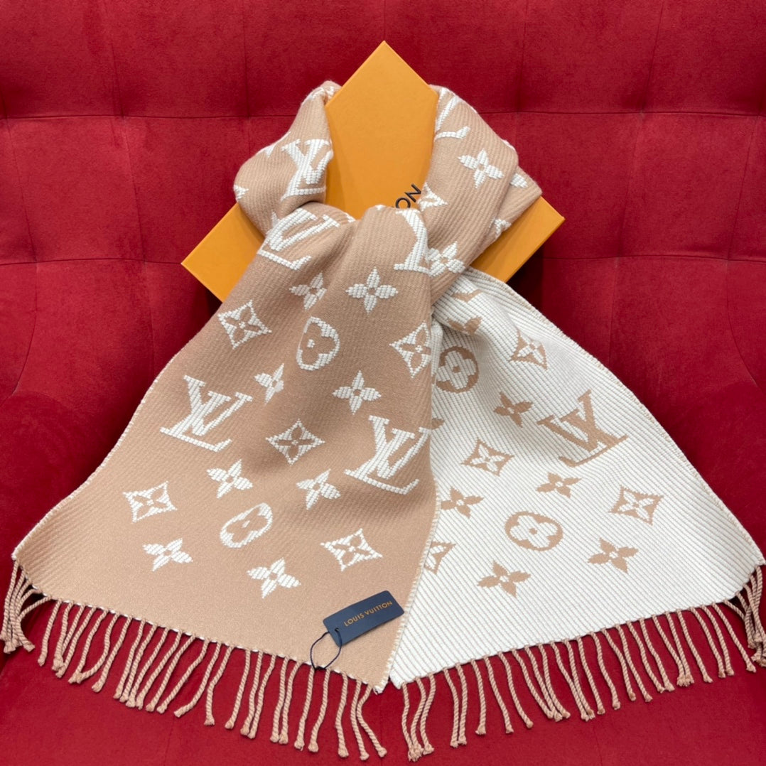 Louis Vuitton Monogram Scarf - Beige and White Luxury Winter Shawl with Fringes