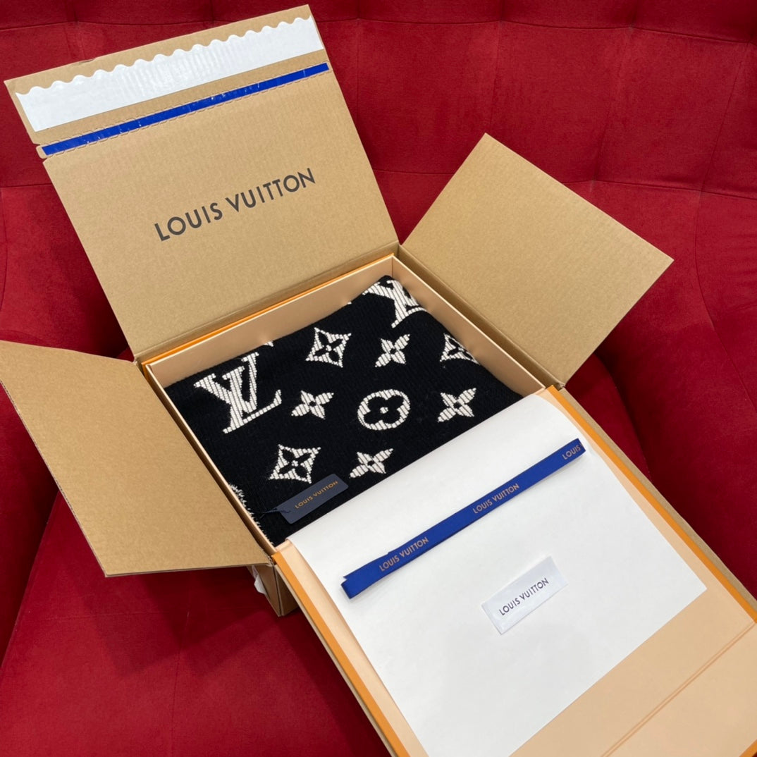 Louis Vuitton Monogram Scarf - Black and White Luxury Winter Scarf with Fringe Detail